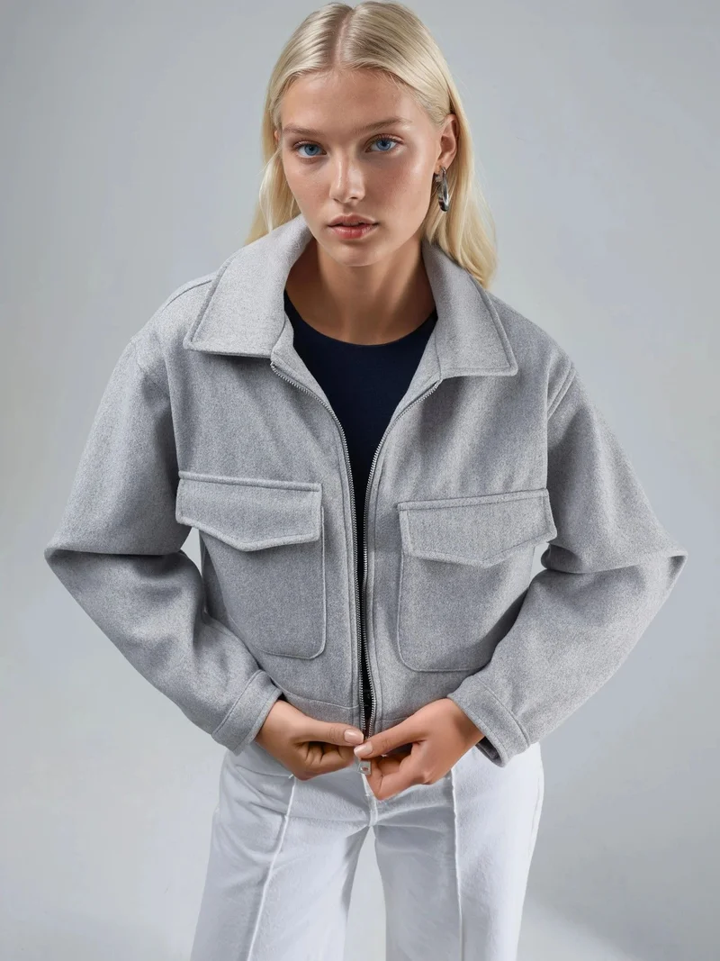 Busem BUSEM Crop Gabardine Jacket with Zipper and Pocket